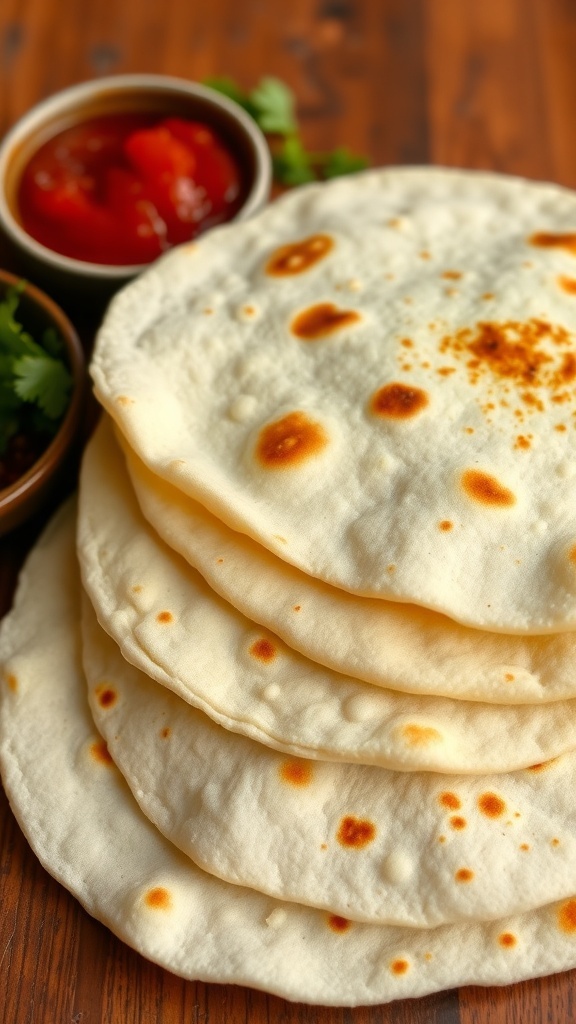 A stack of warm homemade flour tortillas on a wooden table with salsa and cilantro.